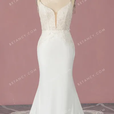 Chic bead cap sleeve crepe satin mermaid wedding dress 1