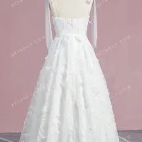 Cute pearled ivory 3d floral lace ankle length wholesale wedding dress 3