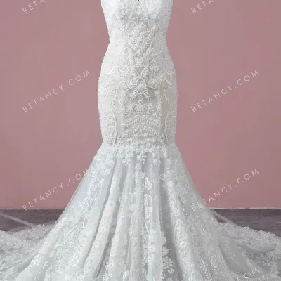 Dazzling beaded lace illusion mermaid wedding dress 1