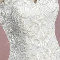 Ivory unique pattern lace strapless wedding dress 5