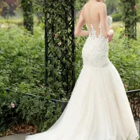 Luxurious body hugging nude wedding dress with pearl beaded lace appliques 2