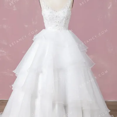 Modern beaded lace tiered organza wedding ball gown 1