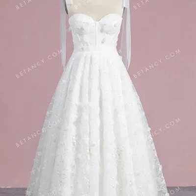 Pearled 3d floral lace ankle length cute wedding dress 1