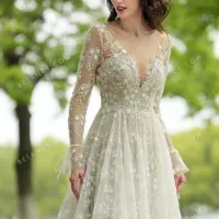 Romantic flowers butterflies lace beige wedding dress 1