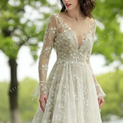 Romantic flowers butterflies lace beige wedding dress 1