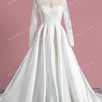 Scalloped lace long sleeve ivory satin wedding dress 1