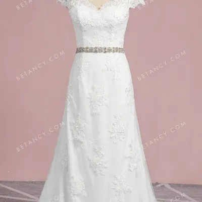 Scalloped v neck cap sleeve lace wholesale wedding gown 1