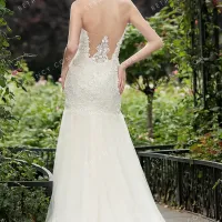 Sophisticated pearl beaded floral lace appliqued nude wedding dress 4