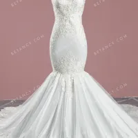 Unique pattern lace ivory satin mermaid bridal dress 1