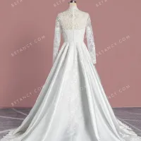 Zipper up illusion back lace and satin chapel train wedding dress 3